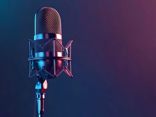 Professional condenser microphone on a blue background with copy space for text.