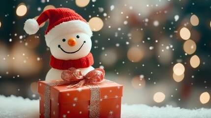 Wall Mural - cute christmas snowman with gift boxes in winter snow with blur bokeh background, christmas background