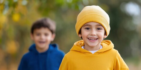 Boys playing outdoors in a park on autumn day, running and laughing