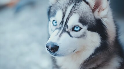 A Chusky dog sitting on a , showcasing its beautiful blue eyes and fluffy coat