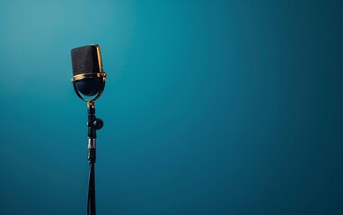 Professional condenser microphone on a blue background with copy space for text.