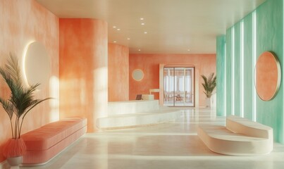 Wall Mural - Modern lobby with peach and teal walls.