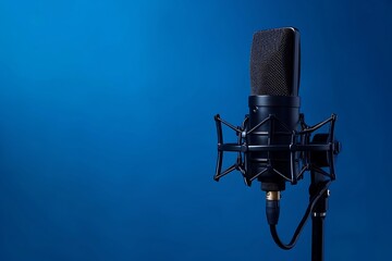 Professional condenser microphone on a blue background with copy space for text.