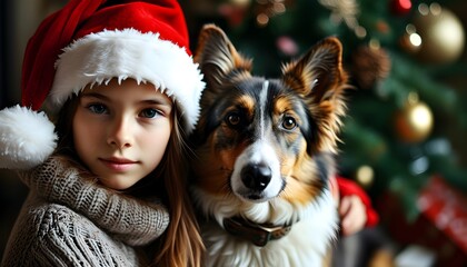 Wall Mural - Festive girl in Santa hat with Laika the dog amidst cheerful Christmas decorations