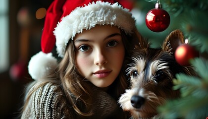 Festive girl in Santa hat with Laika the dog amidst cheerful Christmas decorations