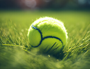 Tennis ball in green grass. Sports games, healthy lifestyle