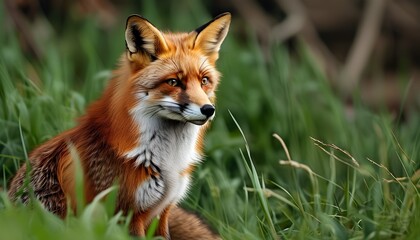 Wall Mural - Majestic Red Fox Observing Its Surroundings Amidst Lush Green Grass