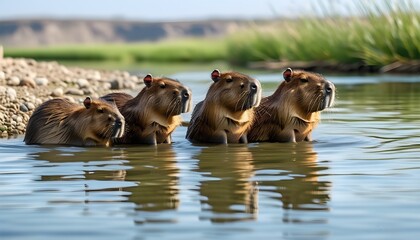 Wall Mural - Capybaras Relaxing in Water at Riverbank