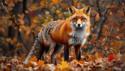 Wall Mural - Vibrant red fox in a colorful autumn leaf backdrop