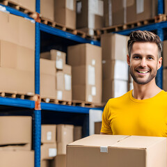 Delivery man with yellow tshirt holding package in warehouse setting