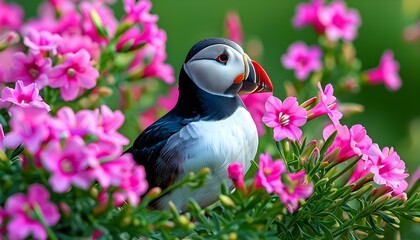 Razorbill nestled among blooming pink campion flowers in vibrant spring setting