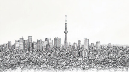 Tokyo, Japan, black and white pen pencil hand-drawn effect drawing illustration for travel poster, card, wallpaper, backdrop or banner. Modern, clear, artistic and simple