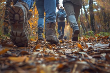 Two people walking in the woods with their feet in the leaves generative ai