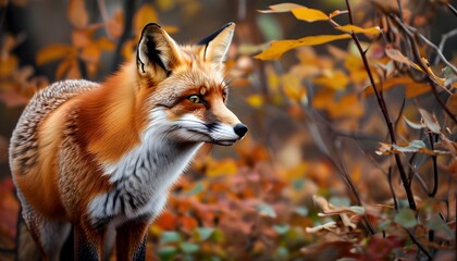 Wall Mural - Vibrant red fox in a colorful autumn leaf backdrop