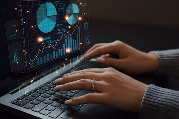 Businessman analyzing sales data, financial growth graph chart report, on laptop analyst making business marketing plan, research, finds strategy of development. Holographic virtual screen with data.
