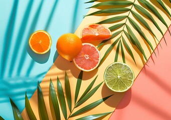 Wall Mural - Summer Fruit Flat Lay With Palm Leaves