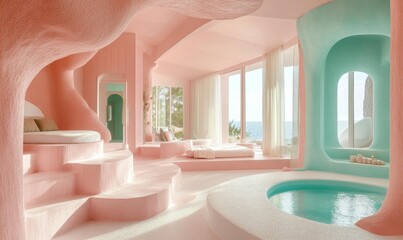 Poster - Pink and blue room with a pool.