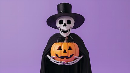 Wall Mural - Spooky Skeleton Costume and Halloween Pumpkin,Person dressed in a skeleton costume holding a jack-o'-lantern, ready for a festive and spooky Halloween celebration