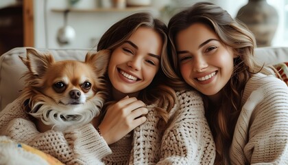 Joyful woman cuddling with her chihuahua on a cozy sofa