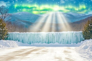 Wall Mural - Frozen Waterfall With Icicles In Winter With Mountains And Aurora Borealis In Background