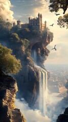 Wall Mural - Fantasy Castle on a Cliff with Waterfall