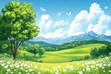 Canvas Print - Beautiful Spring Landscape with Daisies and Mountains