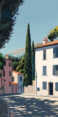 Sticker - Mediterranean Village Illustration with Houses and Trees