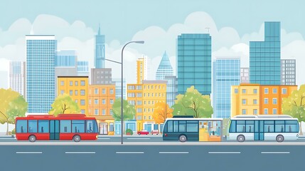 Wall Mural - Cityscape Illustration with Buses and Skyscrapers