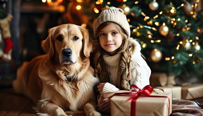 Wall Mural - Joyful girl and golden retriever sharing a special moment with a gift by the Christmas tree