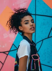 Canvas Print - Portrait of a Black Woman with Curly Hair in Front of a Colorful Wall