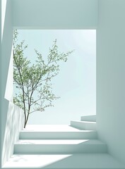 Sticker - Minimalist White Architecture with Green Tree and Steps