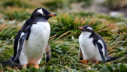 Wall Mural - Gentoo penguin chicks exploring their natural habitat in the Falkland Islands