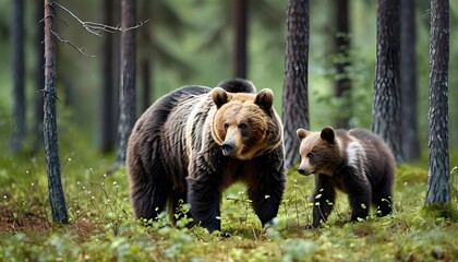 Wall Mural - Playful European brown bear cubs frolicking in the enchanting Finnish woods with their mother