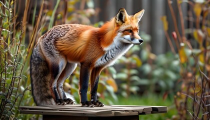 Wall Mural - Red fox on wooden patio decking in a lush garden setting