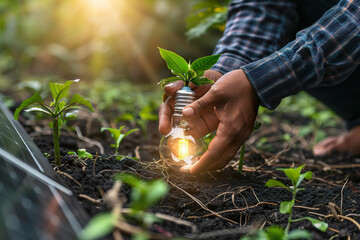 Wall Mural - A person is holding a light bulb in their hand while standing in a garden, generative ai image.,