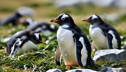 Wall Mural - Gentoo penguin chicks exploring their natural habitat in the Falkland Islands