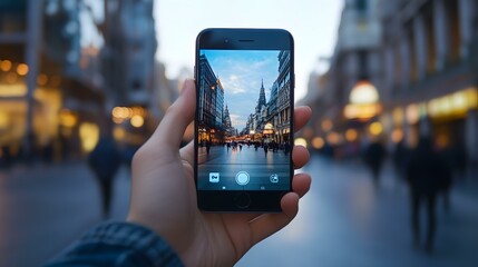 Wall Mural - Hand Holding Smartphone Showing Cityscape