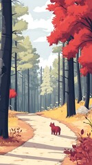 Wall Mural - Red Dog Walking Through Autumn Forest Path