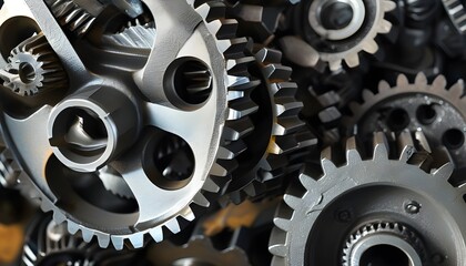 Wall Mural - Intricate closeup of interconnected metal gears and cogs forming a complex industrial backdrop