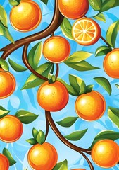 Wall Mural - Orange Tree Branch Illustration With Green Leaves And Blue Sky Background