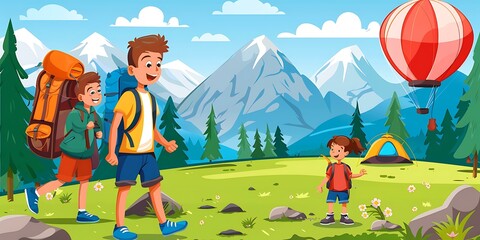 Poster - Happy Family Hiking Adventure In Mountain