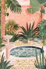 Poster - Tropical Garden with Small Fountain and Pond