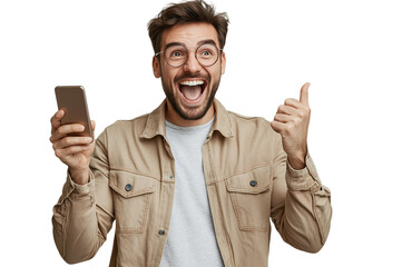 Cheerful young man in eyeglasses holding mobile phone and showing thumbs up isolated on transparent background.