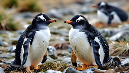 Wall Mural - Gentoo penguin chicks exploring their natural habitat in the Falkland Islands