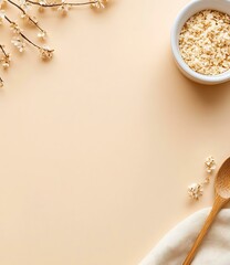 Poster - Minimalist Flat Lay with Dried Flowers, Wooden Spoon, and Bowl of Granola