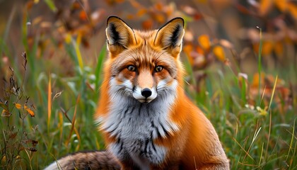 Wall Mural - Vibrant autumn scene featuring a red fox resting on lush green grass amidst falling leaves