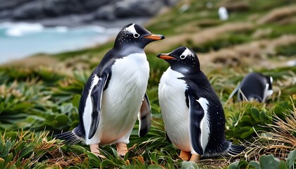 Wall Mural - Gentoo penguin chicks exploring their natural habitat in the Falkland Islands