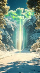 Sticker - Snowy Mountain Landscape with Green Light and Waterfall