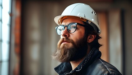 Wall Mural - Bearded construction worker in helmet and glasses showcasing rugged determination