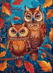 Wall Mural - Two Owls Sitting on a Branch in Autumn Forest